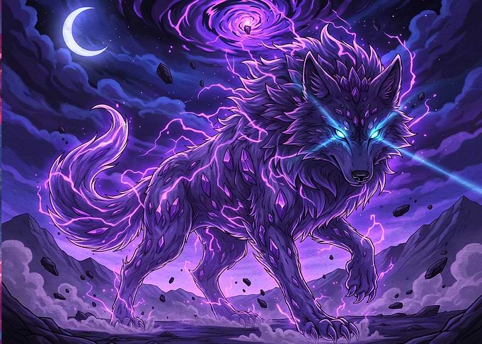 Electric Crystal Wolf Under Moon
