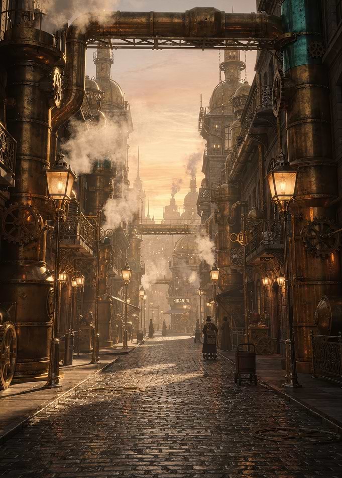 Steampunk City Street at Sunset