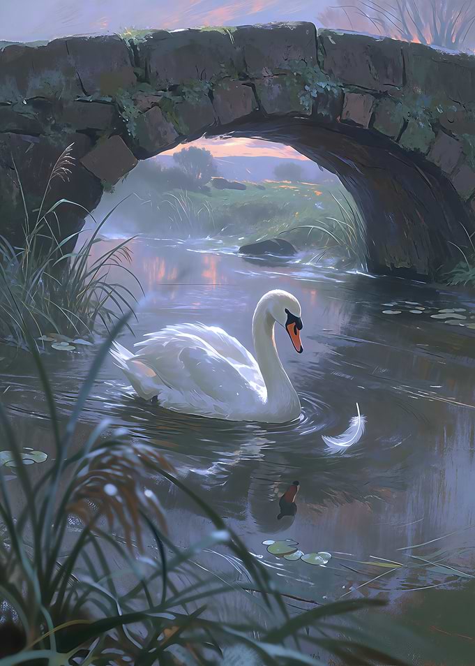 Graceful Swan Under Stone Bridge