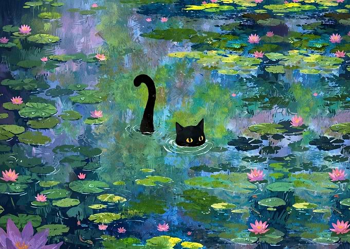 Black Cat Swimming in Lily Pond