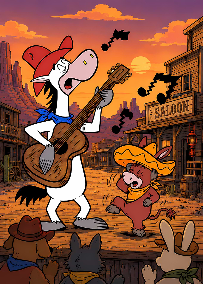 Cartoon Donkey and Burro Performing Music