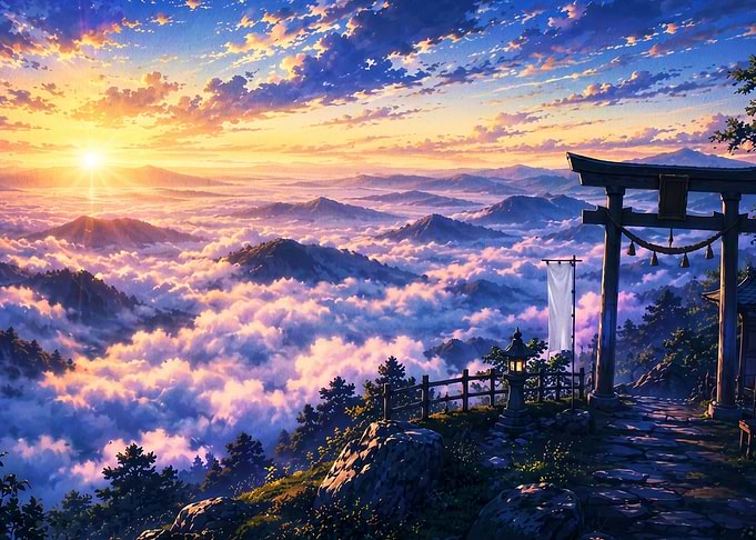 Torii Gate Overlooking Mountain Sunrise