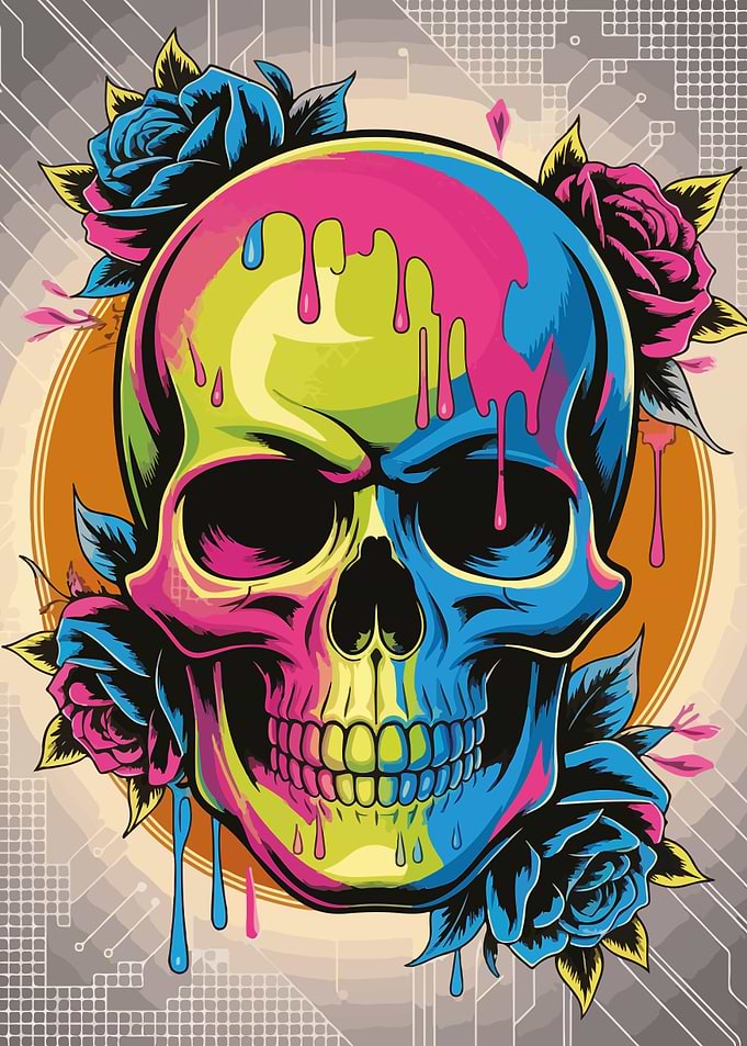 Colorful Dripping Skull with Roses