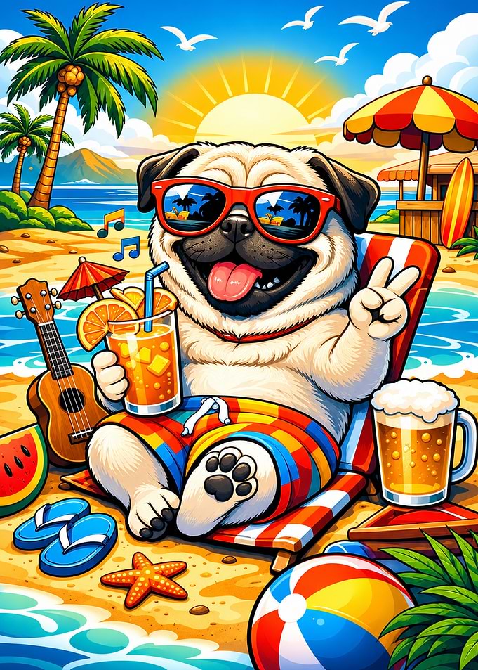 Cool Pug Relaxing on Tropical Beach