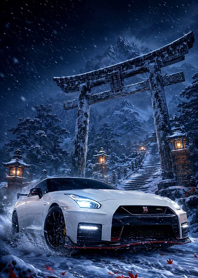 Nissan GT-R in Snowy Japanese Shrine