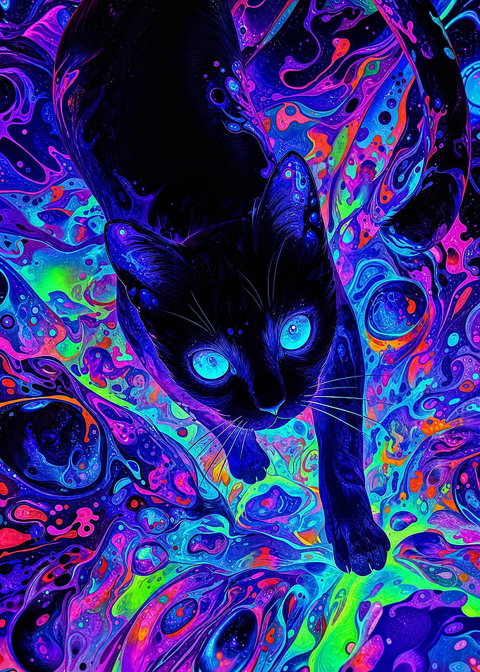 Psychedelic Black Cat in Neon Space