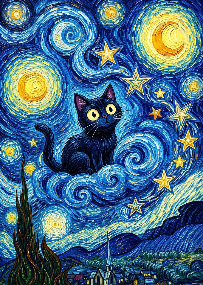 Black Cat in Starry Night