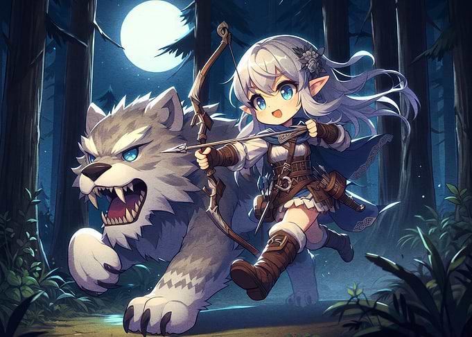 Chibi Elf Archer and Wolf Companion