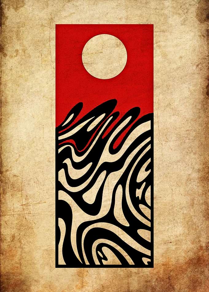Abstract Red Sun and Waves Print