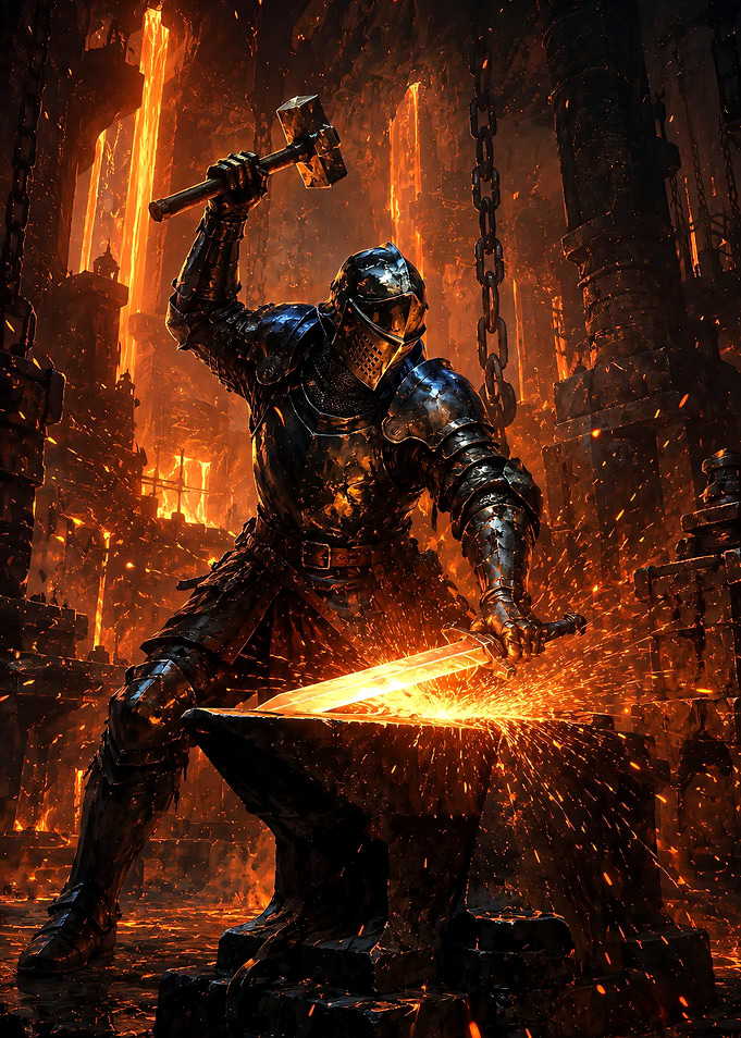 Knight Forging Sword in Lava Forge