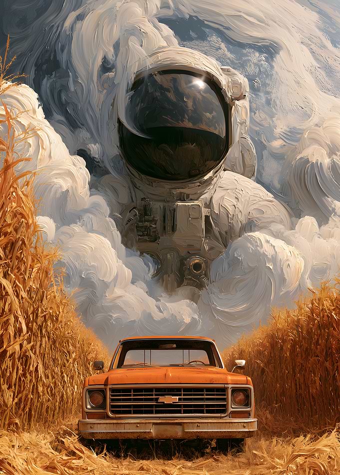 Astronaut and Vintage Truck in Cornfield