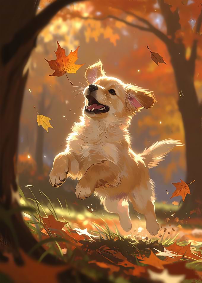 Golden Retriever Puppy Playing in Autumn