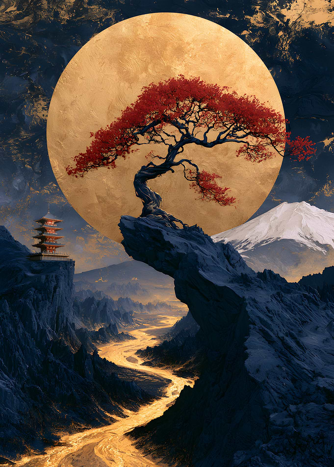 Japanese Bonsai Tree and Golden Moon