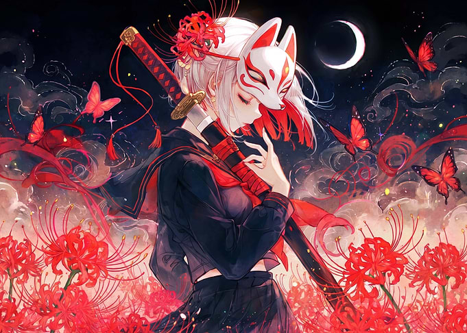 Anime Girl with Kitsune Mask