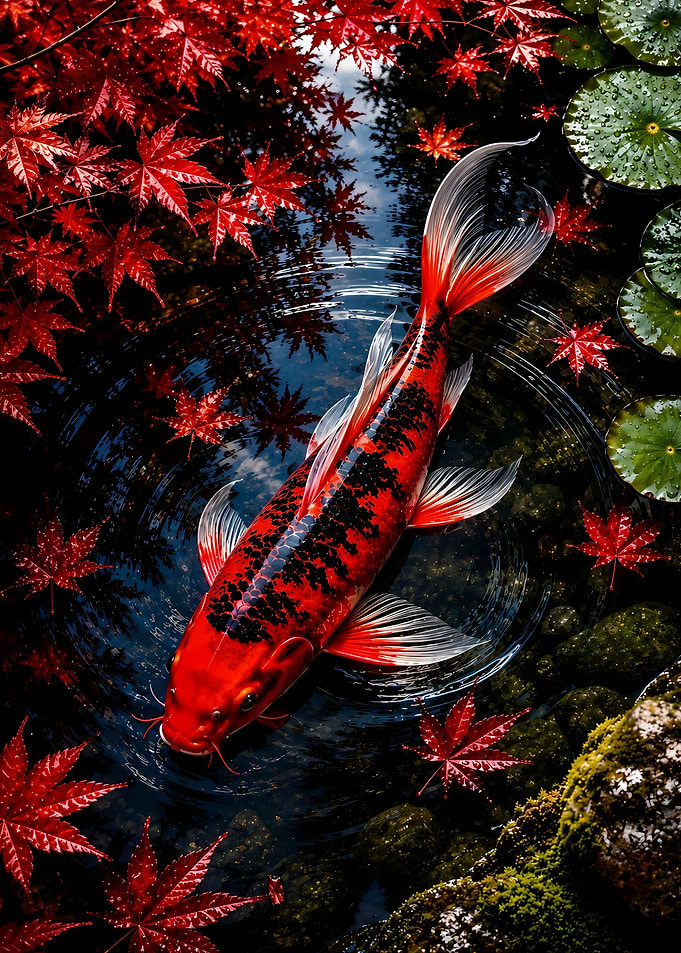 Vibrant Red Koi in Autumn Pond