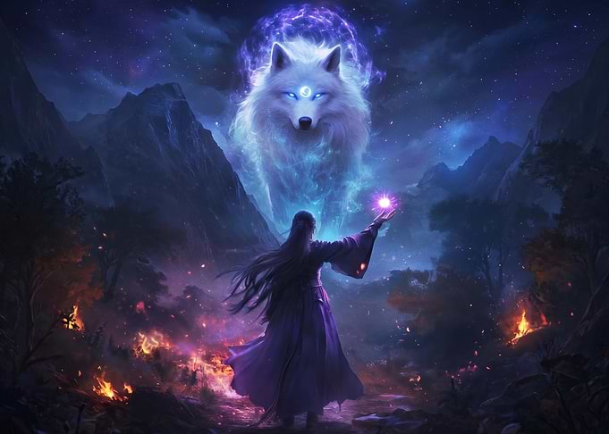 Mystical Spirit Wolf and Sorceress