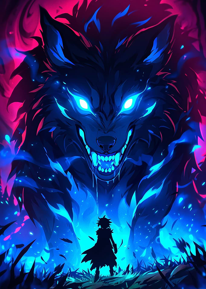 Warrior Facing a Giant Spectral Wolf