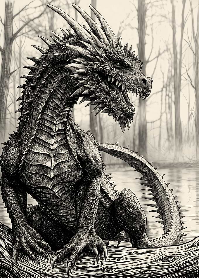 Detailed Ink Drawing of a Dragon