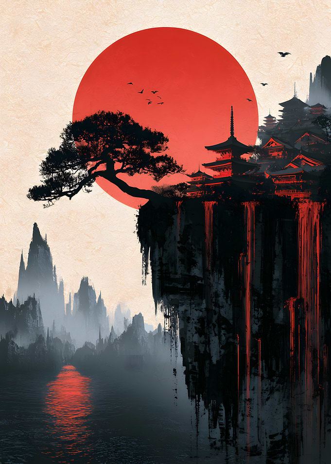Red Sun Over Japanese Temple Cliff