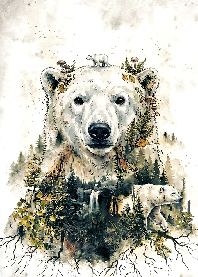 Double Exposure Polar Bear Forest Art