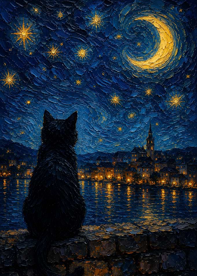 Black Cat Watching Starry Night