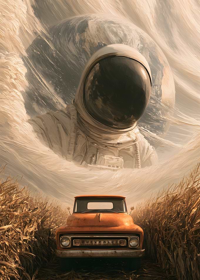 Astronaut and Vintage Truck in Cornfield