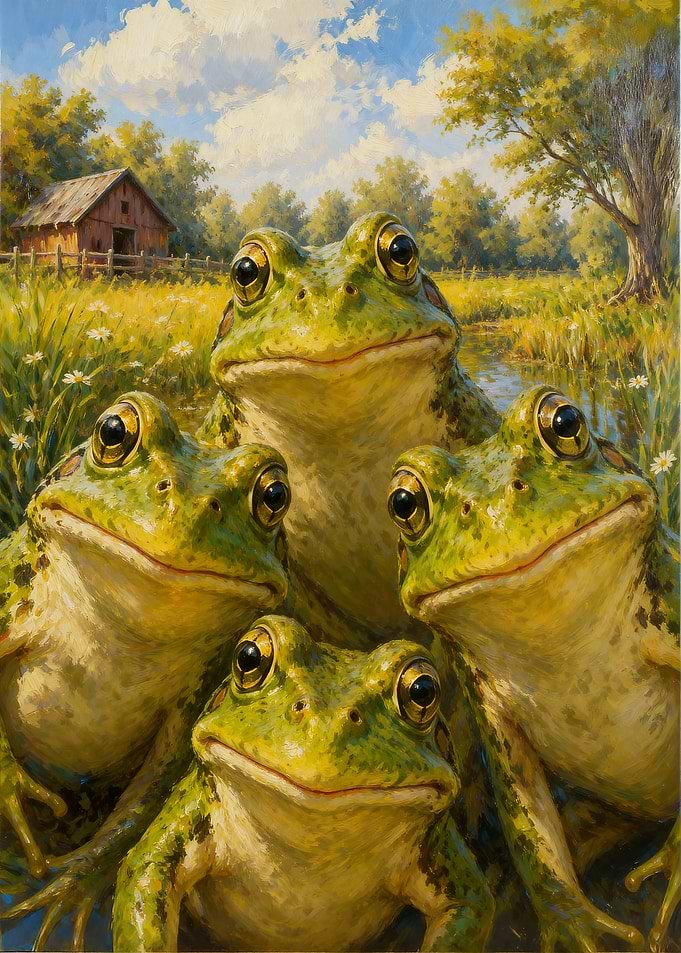 Four Friendly Frogs in Meadow