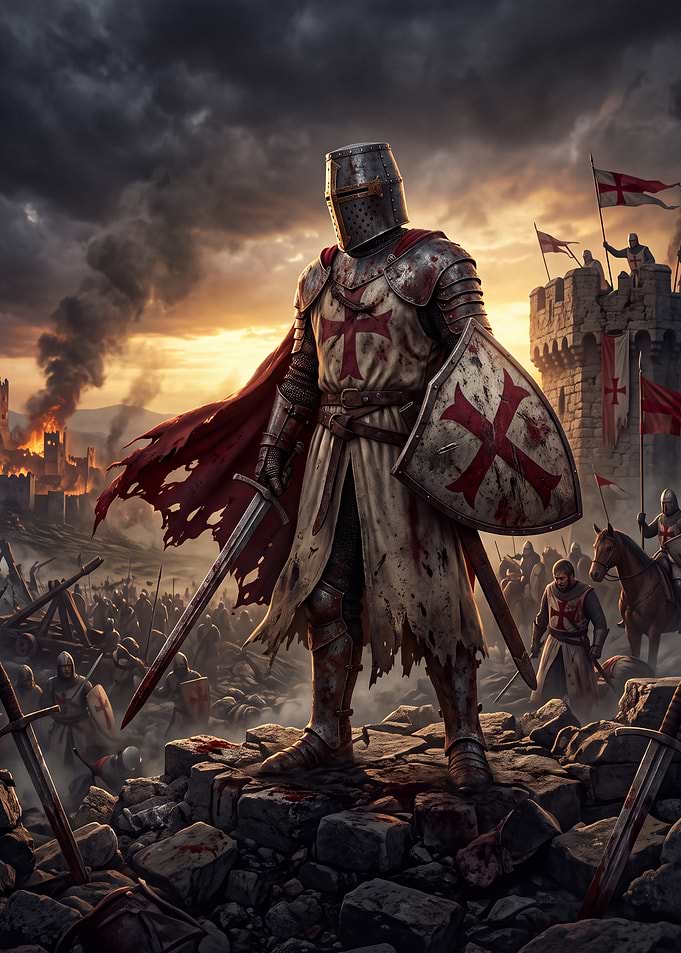 Crusader Knight Standing on Battlefield