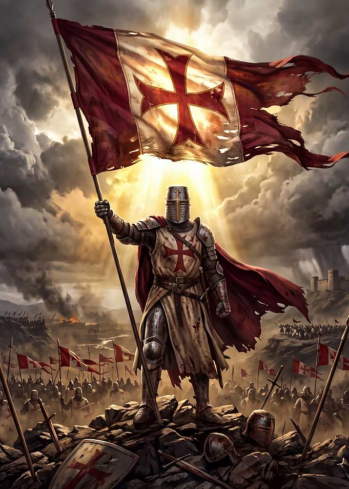 Crusader Knight Holding Flag on Battlefield