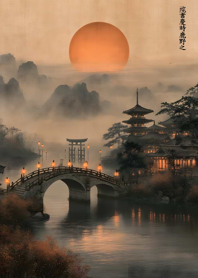 Serene Japanese Temple at Sunset