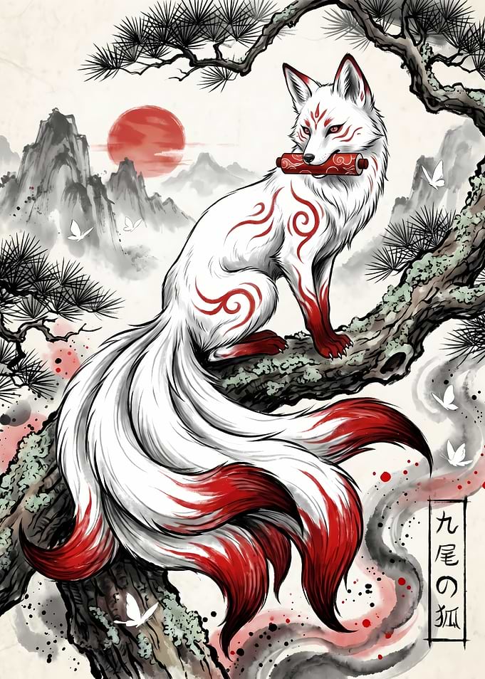 Nine-Tailed Fox Japanese Ink Illustration