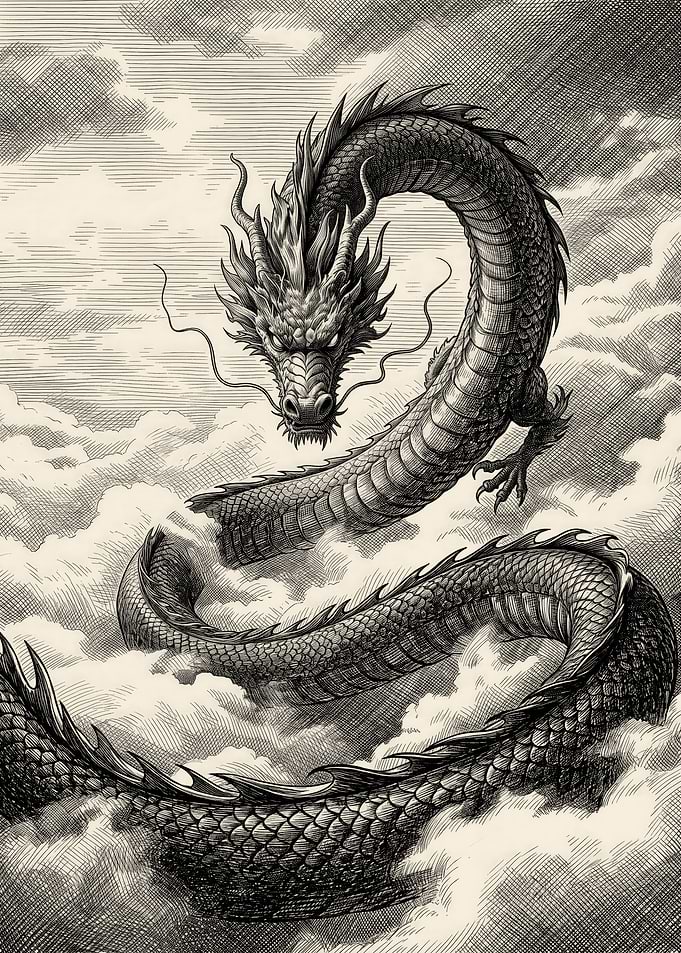 Intricate Etching of a Celestial Dragon