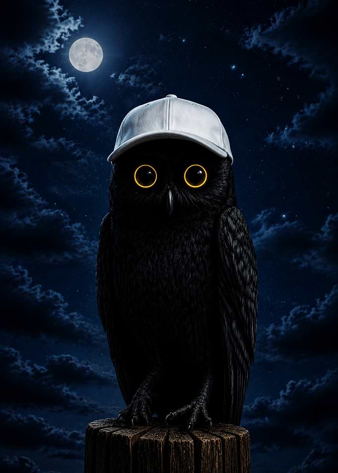 Cool Black Owl in Baseball Cap