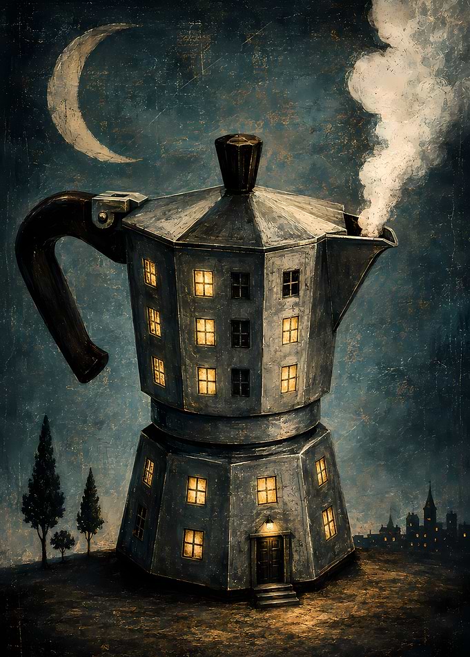 Surreal Moka Pot House at Night