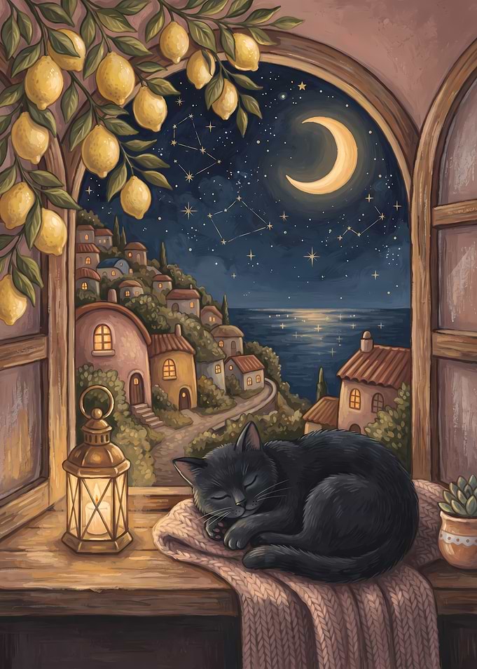 Sleeping Black Cat by Mediterranean Window
