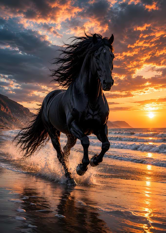 Black Horse Running on Beach Sunset