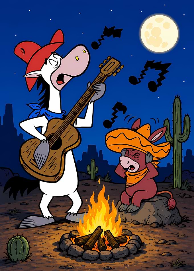 Cartoon Donkey Serenade by Campfire