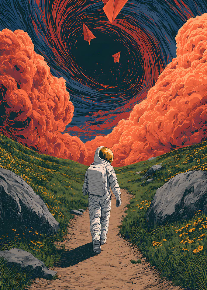 Astronaut Walking Toward Surreal Vortex