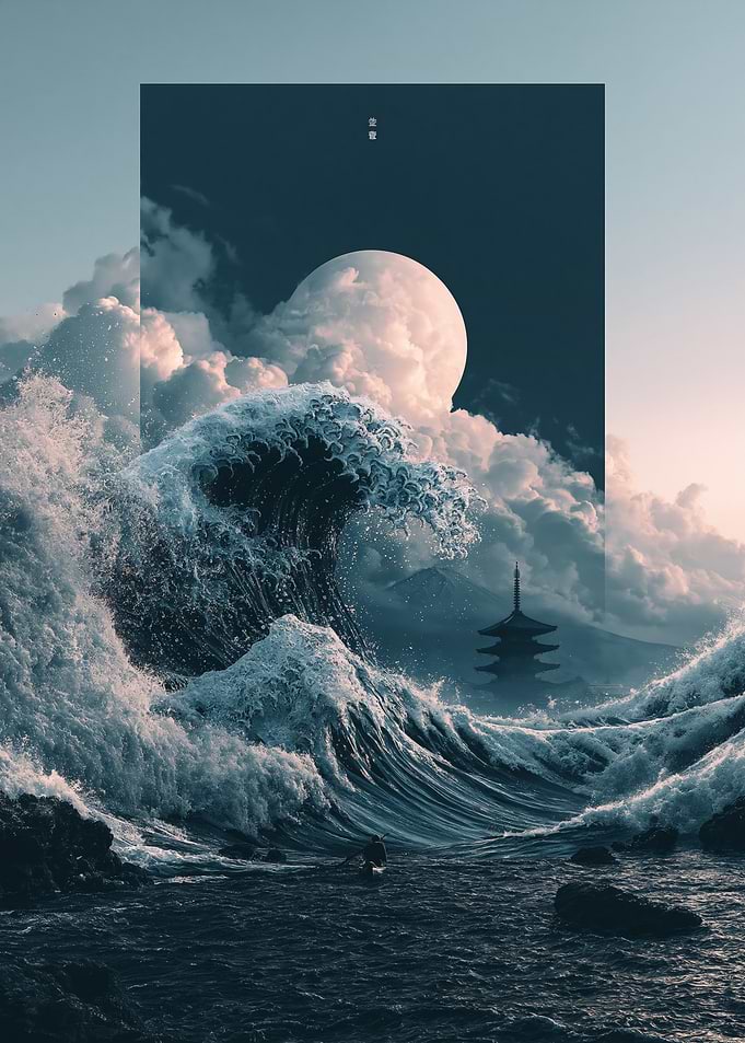 Surreal Japanese Wave and Pagoda