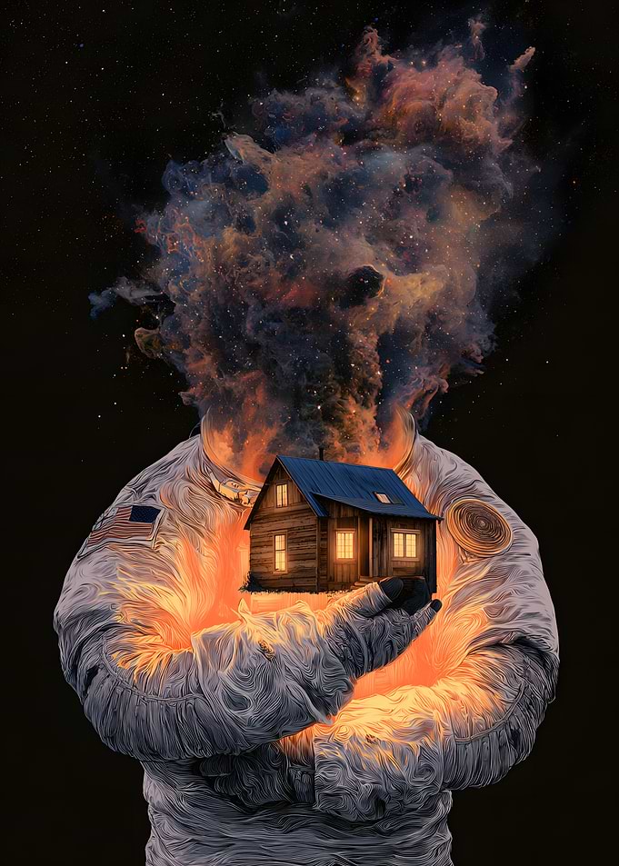 Astronaut Holding a Glowing Cabin