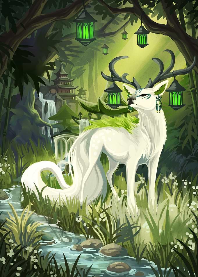 Mystical White Deer in Enchanted Forest
