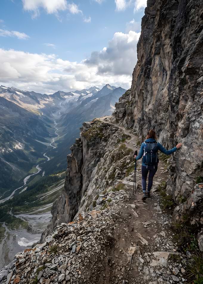 Hiker on a Narrow Mountain Trail