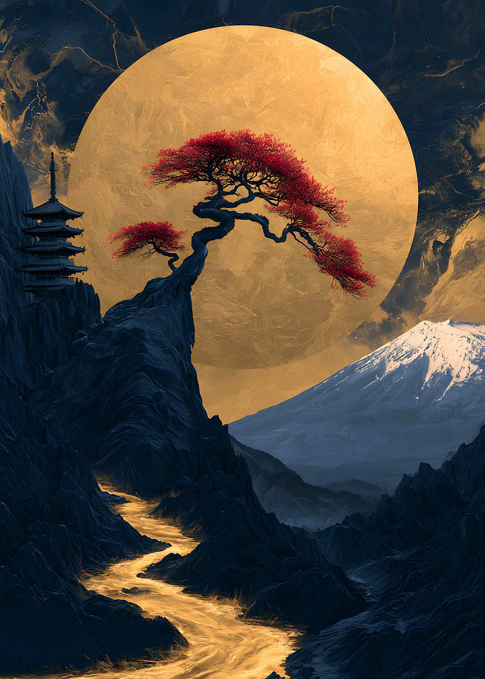 Red Bonsai Under Golden Moon