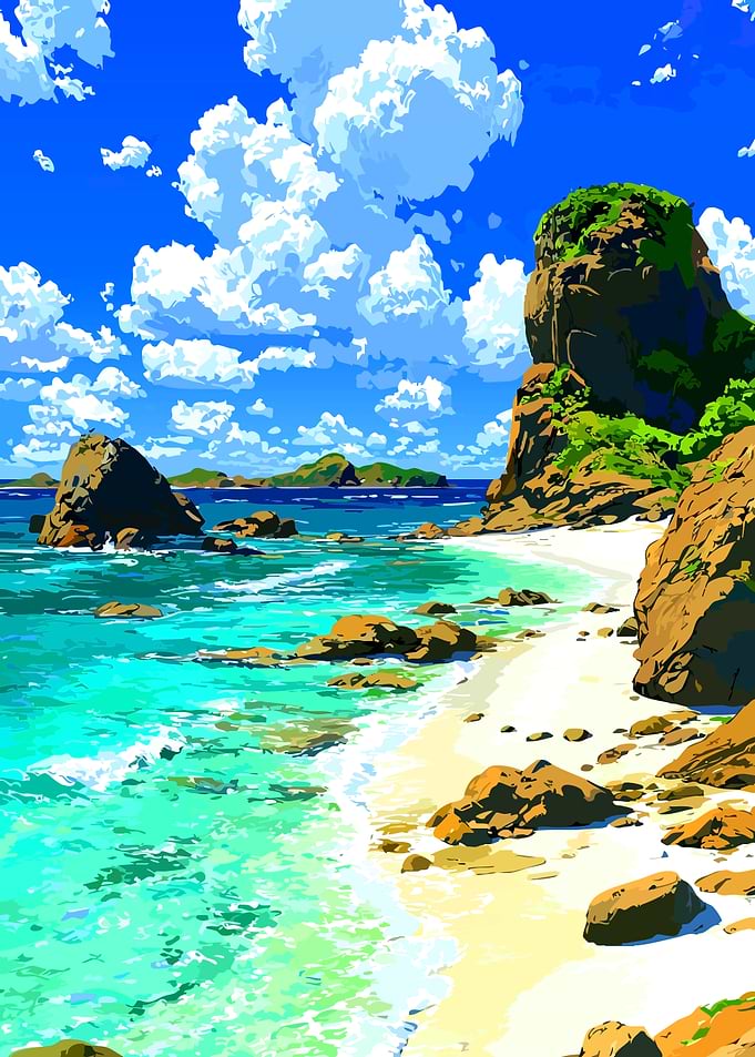 Vibrant Tropical Beach Anime Landscape