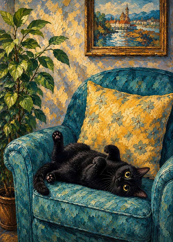 Black Cat Relaxing in Armchair Painting