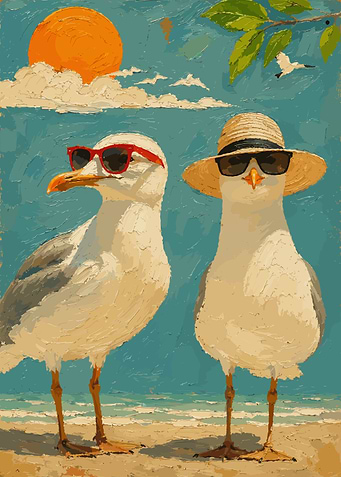 Two Seagulls Wearing Sunglasses at Beach