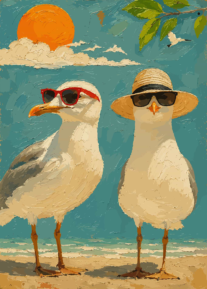 Two Seagulls Wearing Sunglasses at Beach
