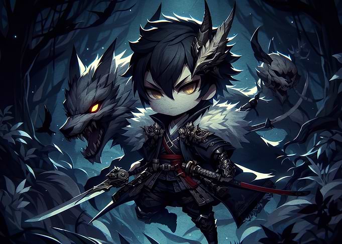 Chibi Samurai Warrior with Wolf Spirit