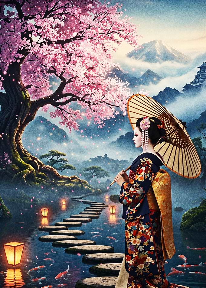 Japanese Kimono Woman Under Cherry Blossoms