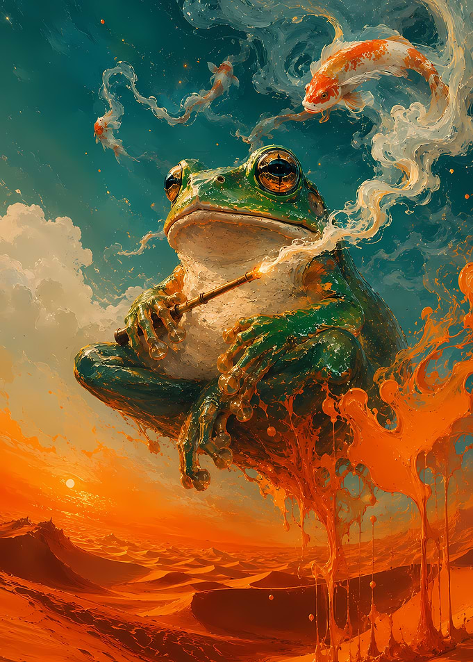 Surreal Frog Smoking Above Desert